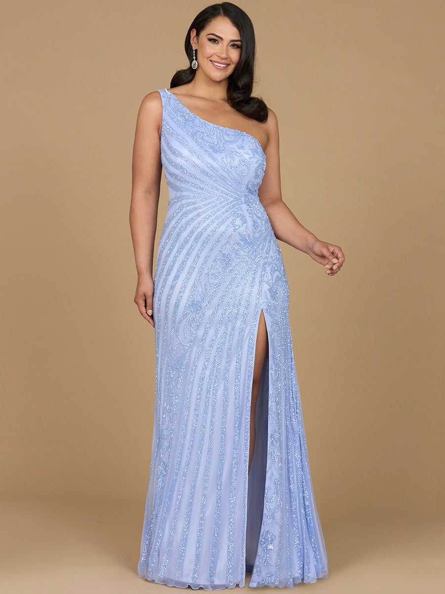 One-Shoulder Beaded Gown with Slit Blue Iris