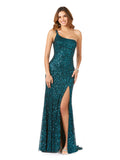 One-Shoulder Beaded Gown with Slit Teal