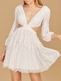 Long Sleeve Cut Out Dress with Lace Up Back Ivory