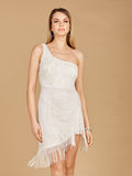 One Shoulder Cocktail Dress with Fringe Ivory
