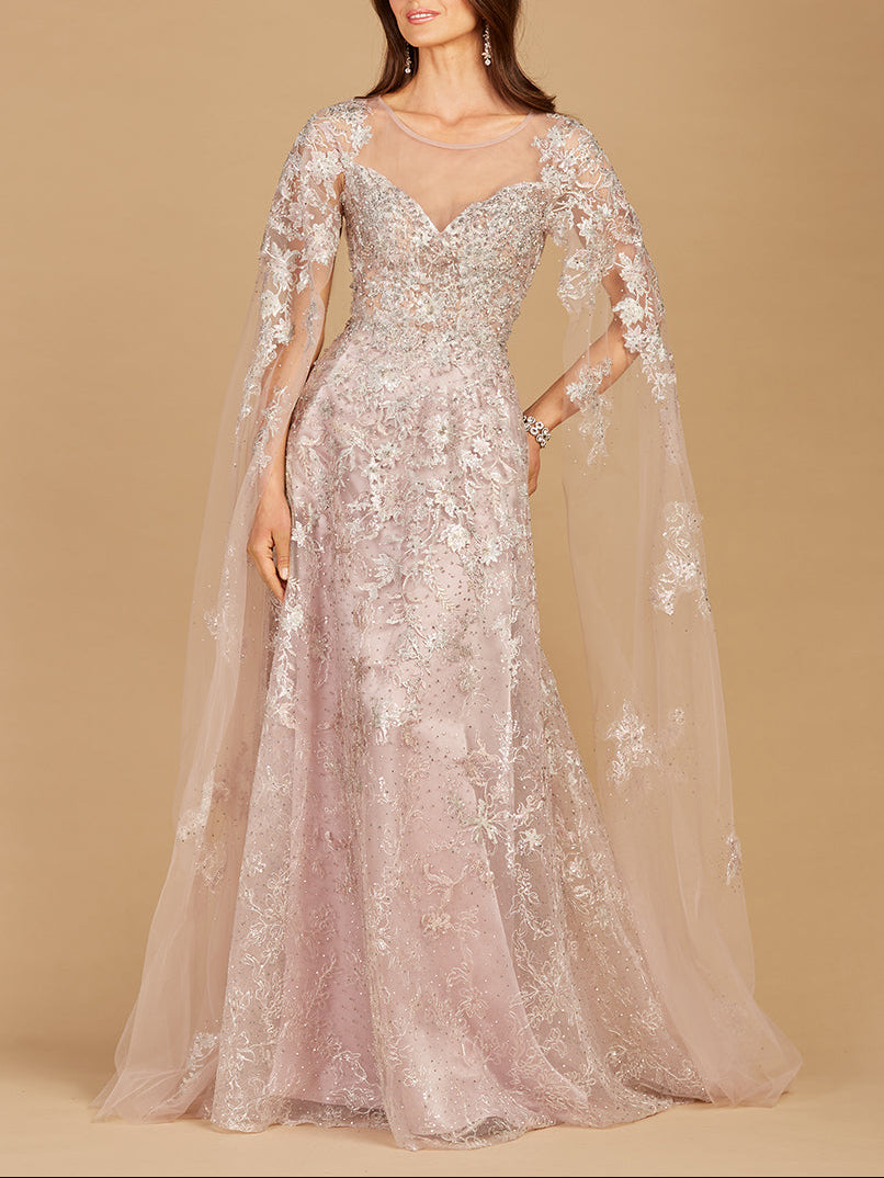 Lace Gown with Cape Sleeves, Sweetheart Neckline | 29300 Light Mauve