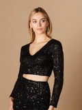 Long Sleeve V-Neck Beaded Top Black