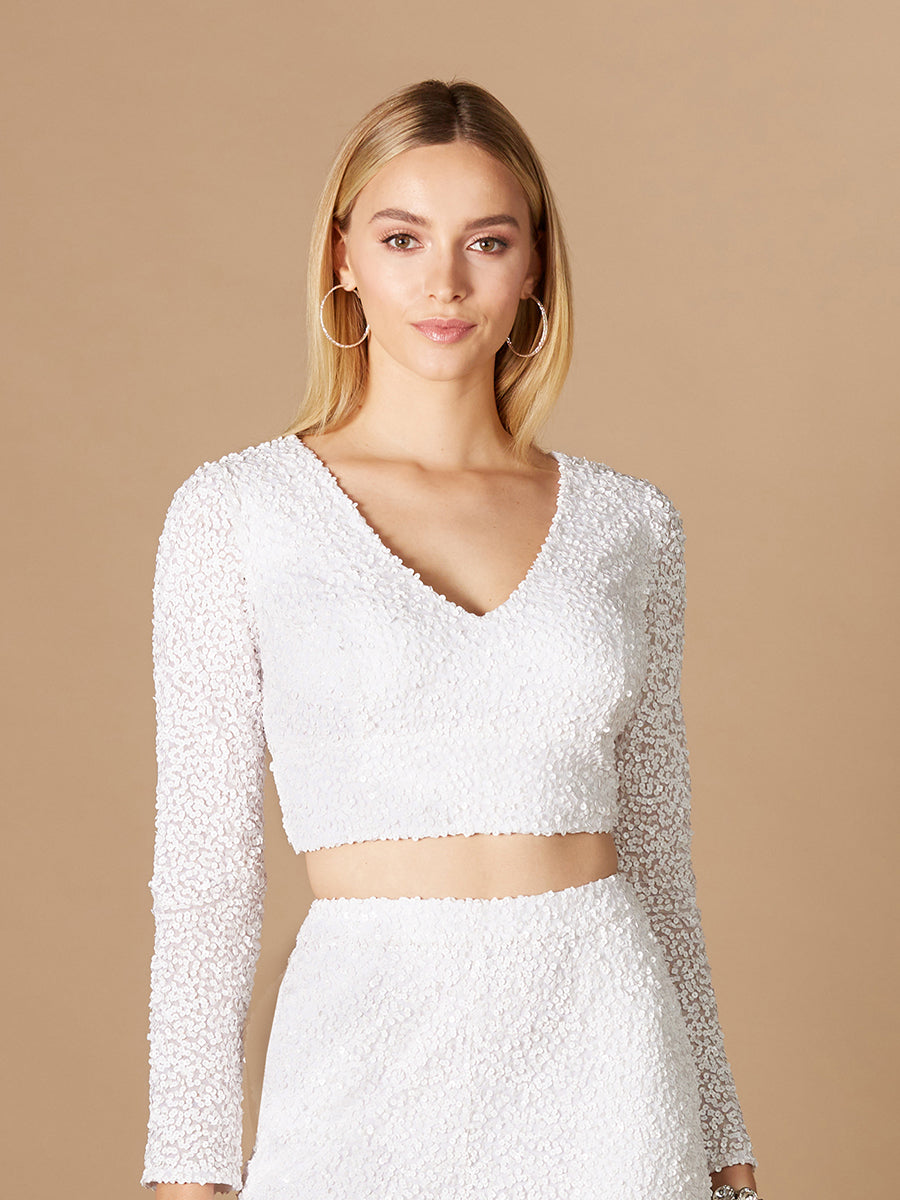 Long Sleeve V-Neck Beaded Top Ivory