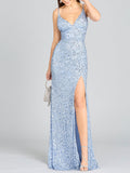 Beaded V Neck Dress with Slit | 29310 Periwinkle