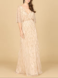 Illusion Cape Sleeve Beaded Gown Champagne