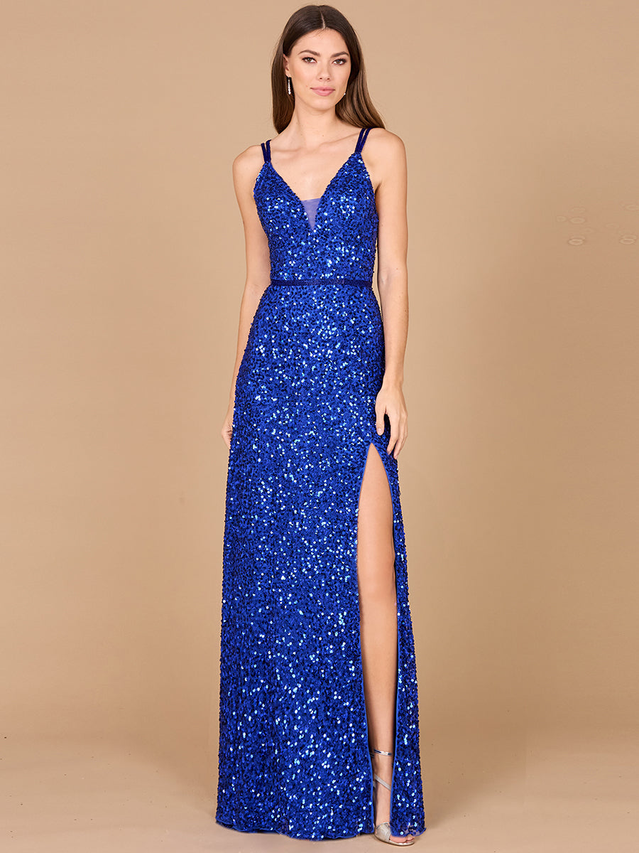 Beaded Prom Dress with High Slit Sapphire