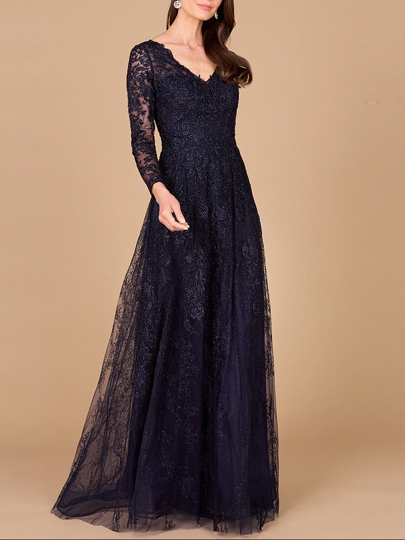 Long Sleeve V-Neck Lace Gown Navy