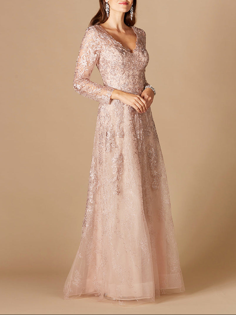 Long Sleeve V-Neck Lace Gown Blush