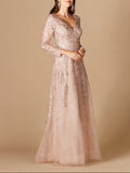 Long Sleeve V-Neck Lace Gown Blush