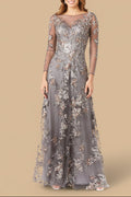 Long Sleeve Modest Lace Gown Grey