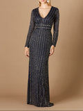 Long Sleeve Belted Beaded Gown Navy