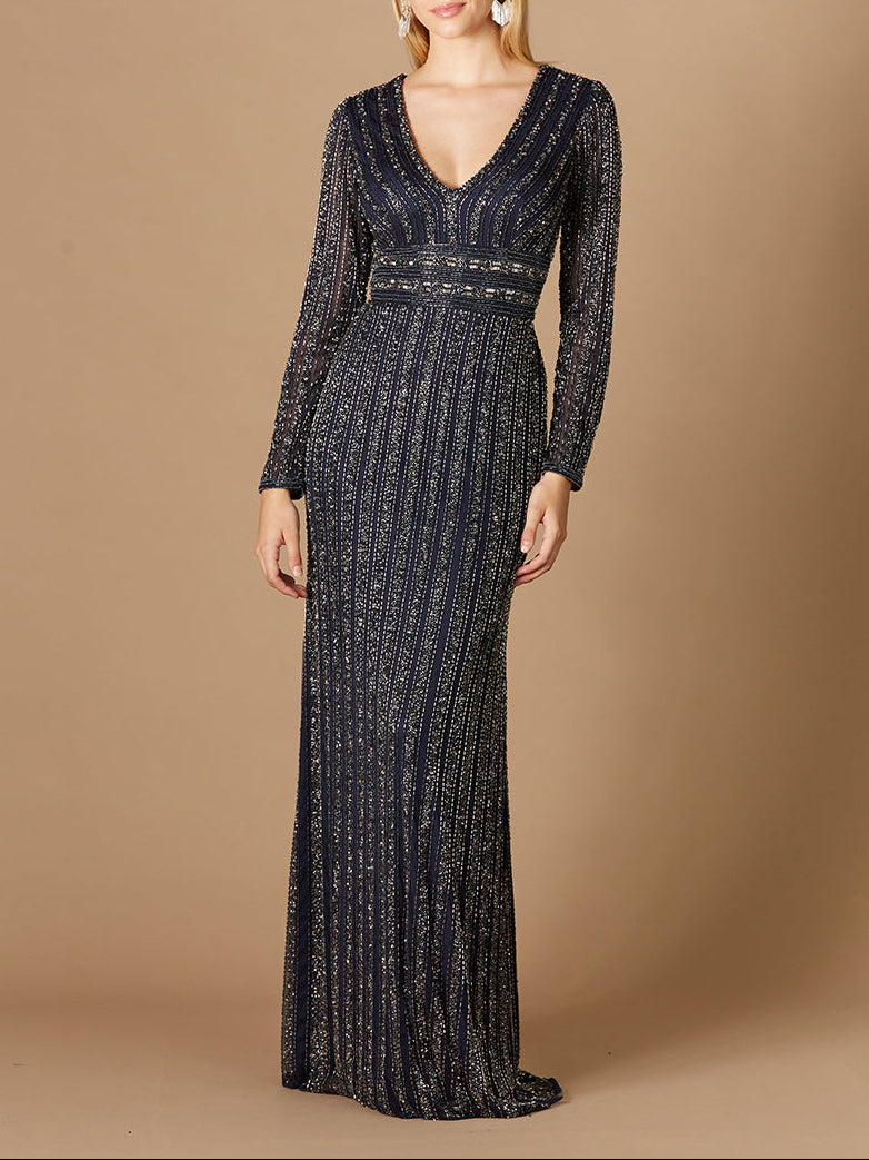 Long Sleeve Belted Beaded Gown Navy