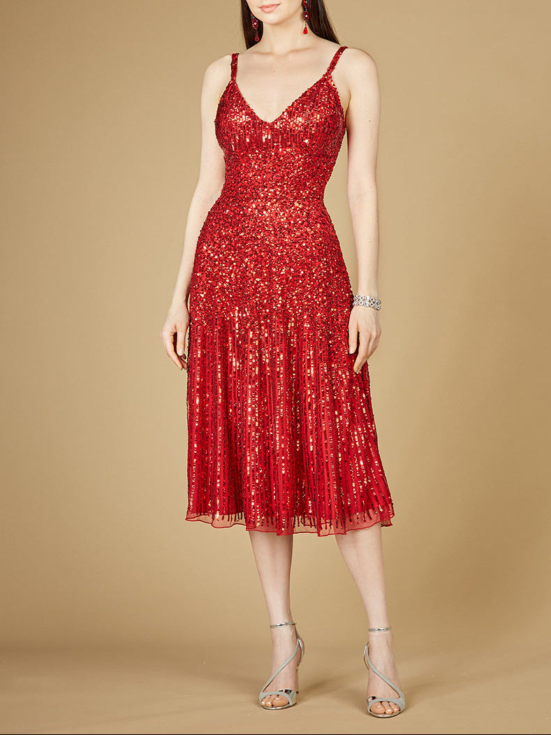 Flowing, Sequin Midi Dress Red