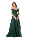 Tonal Beaded Off Shoulder Ballgown Green