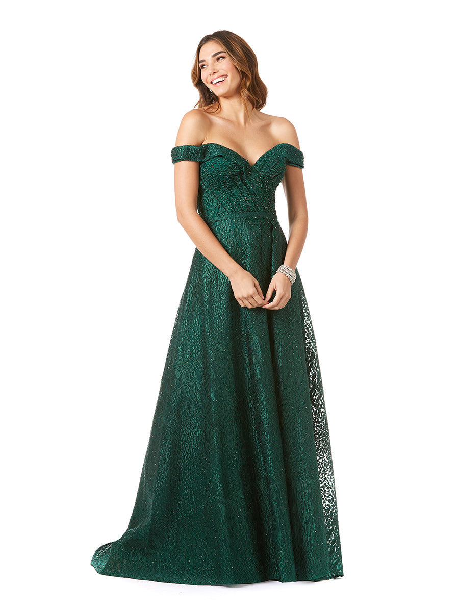 Tonal Beaded Off Shoulder Ballgown Green