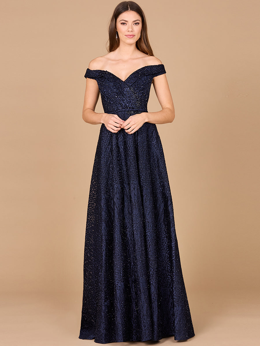 Tonal Beaded Off Shoulder Ballgown | 29349 Navy