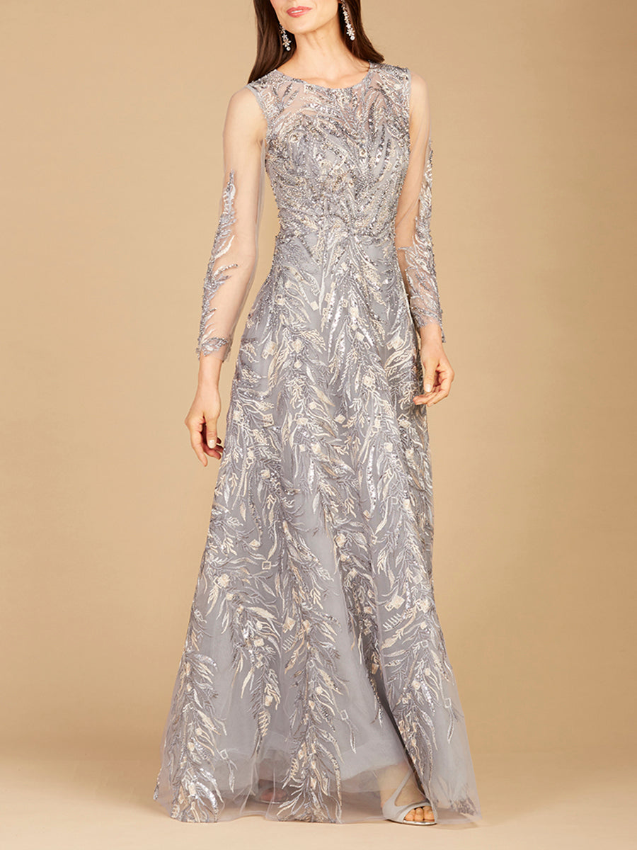 High Neck, Long Sleeve Ball Gown Steel Blue