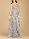 High Neck, Long Sleeve Ball Gown Steel Blue