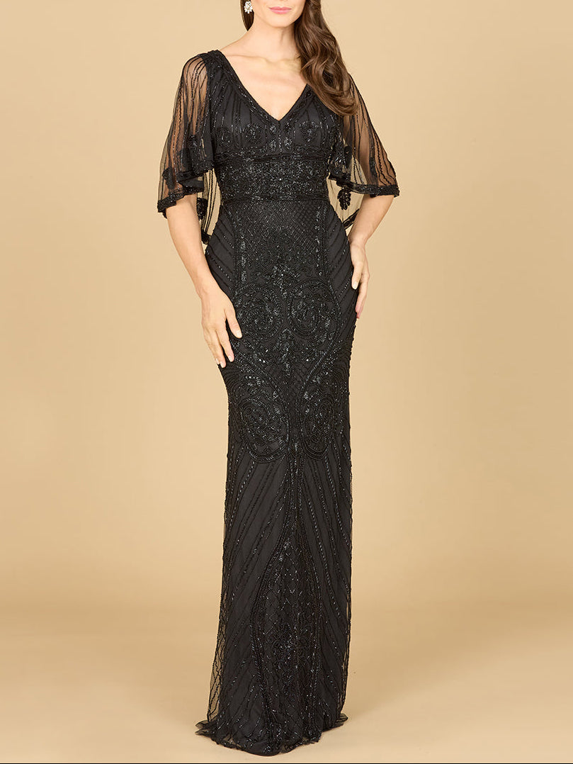 Cape Sleeve V-Neck Beaded Gown Black