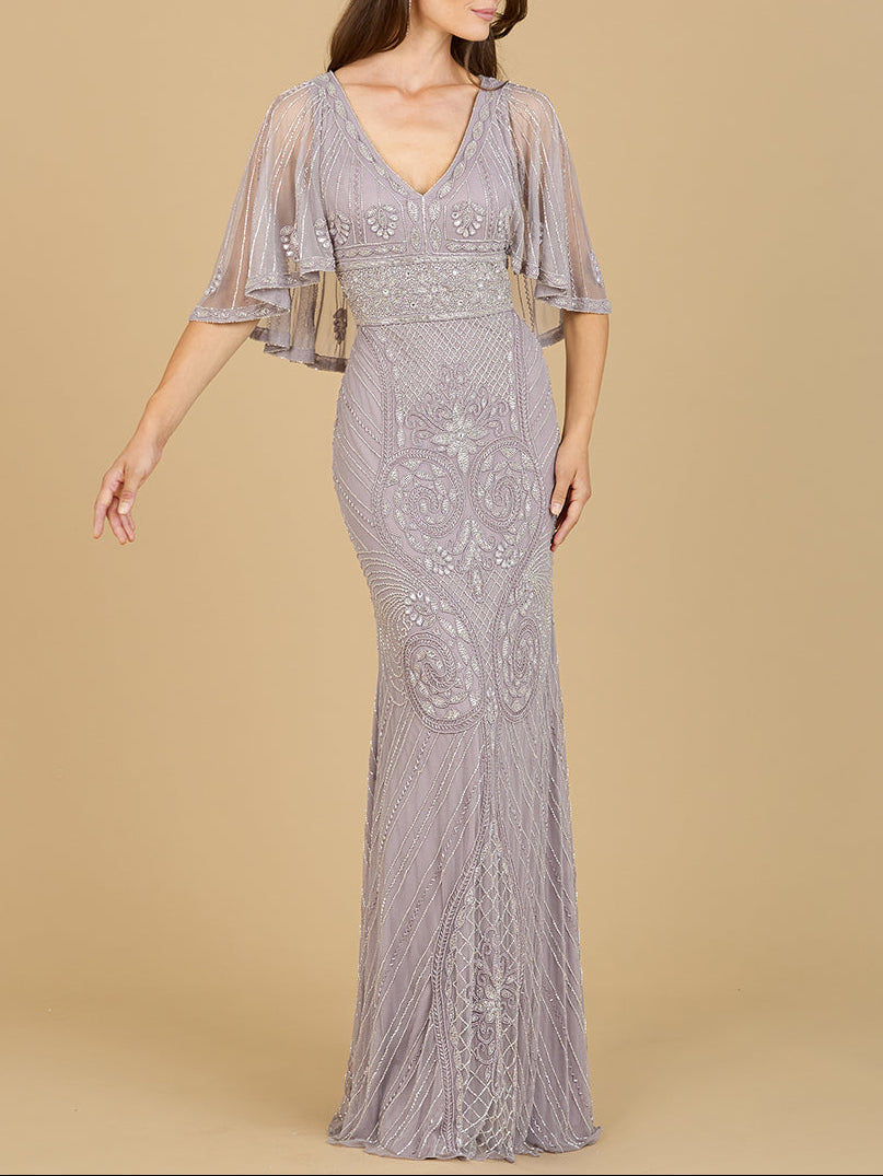 Cape Sleeve V-Neck Beaded Gown Lilac Smoke