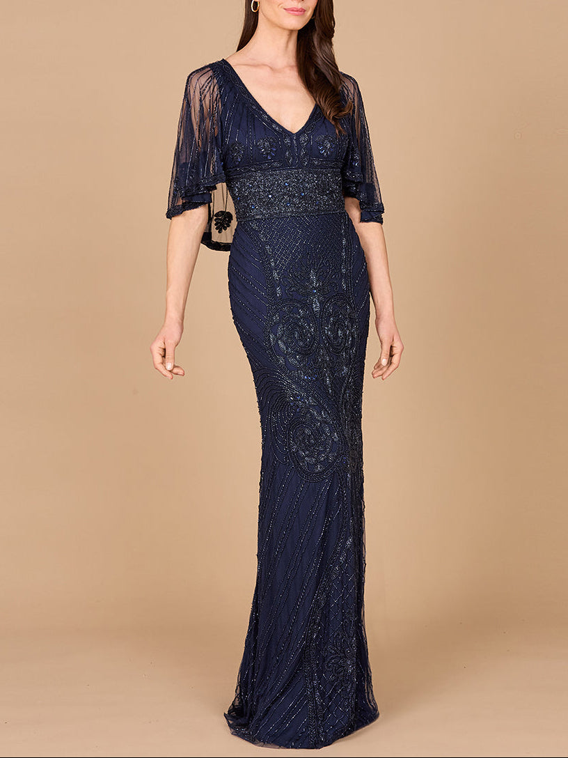 Cape Sleeve V-Neck Beaded Gown Navy