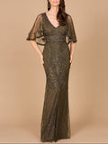 Cape Sleeve V-Neck Beaded Gown | 29356 Olive