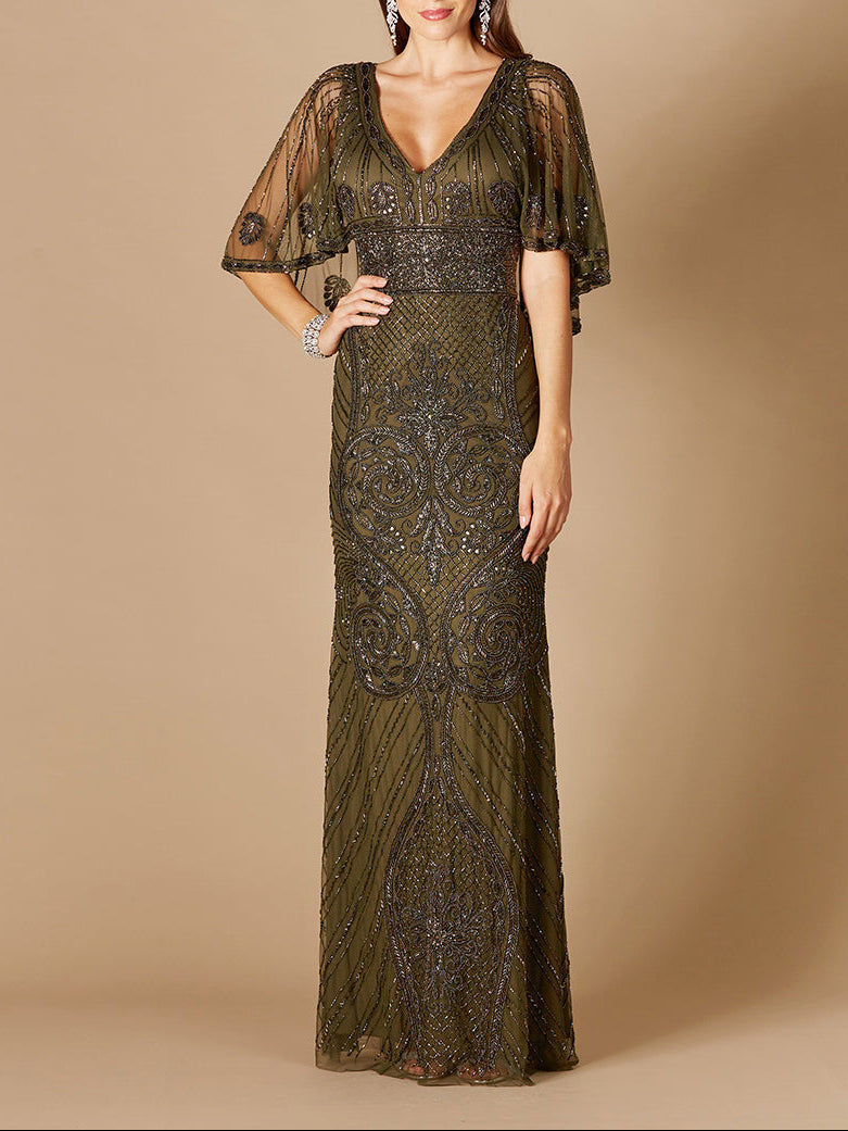 Cape Sleeve V-Neck Beaded Gown Olive