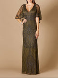 Cape Sleeve V-Neck Beaded Gown Olive