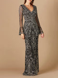 Long Bell Sleeve V-Neck Beaded Gown Black Silver