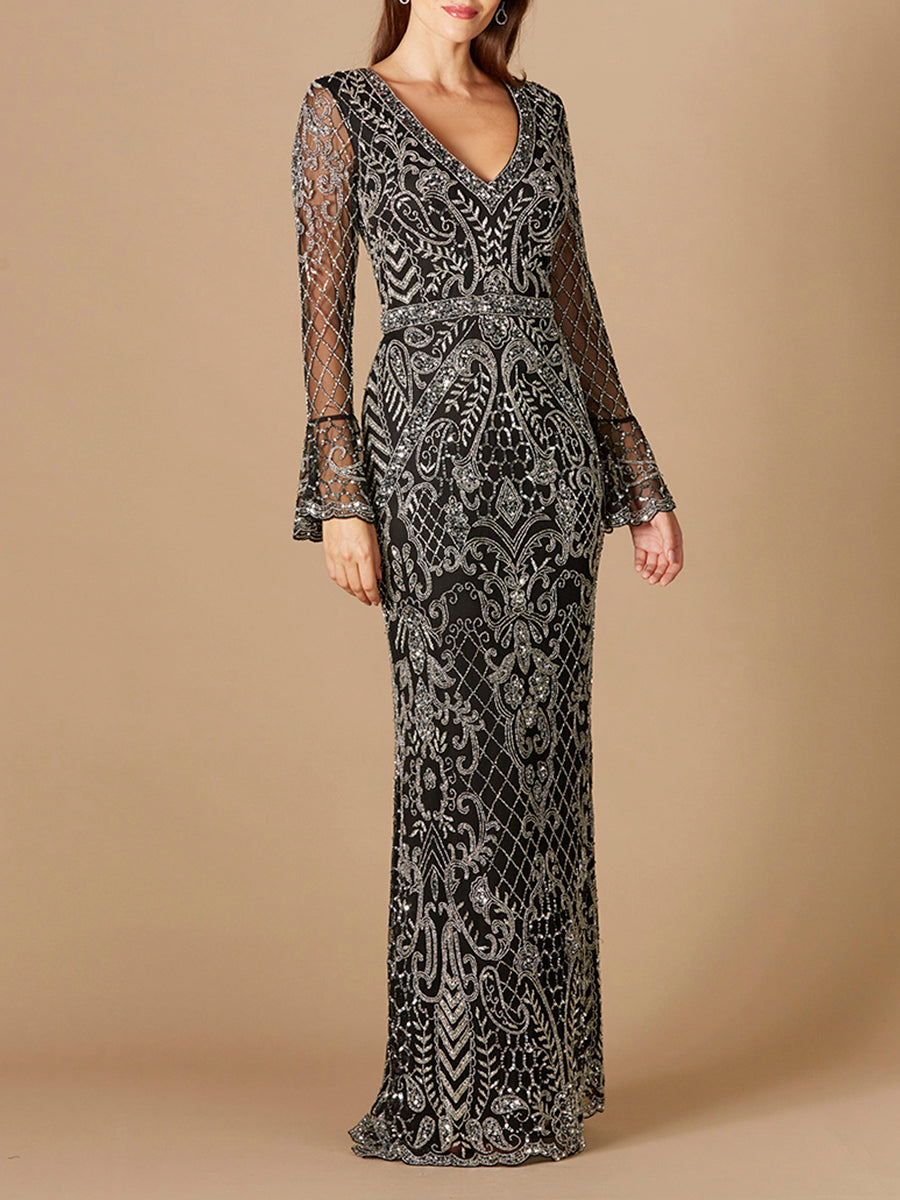 Long Bell Sleeve V-Neck Beaded Gown Black Silver