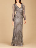 Long Sleeve Fringe Dress Grey
