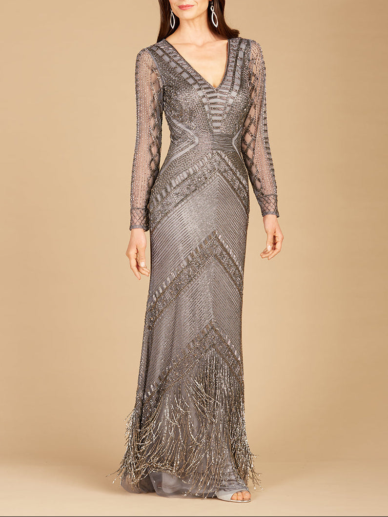 Long Sleeve Fringe Dress Grey