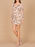 Long Sleeve Beaded Cocktail Dress Nude Ivory