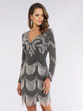 Lara 29377 - Long Sleeve Beaded V-Neck Fringe Cocktail Dress Black Silver