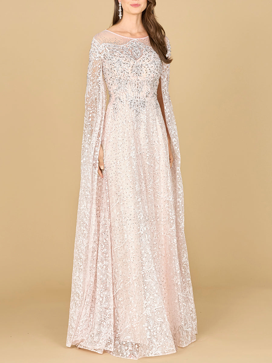 Lace Gown with Dramatic Cape Sleeves | Lara 29454 Powder Pink