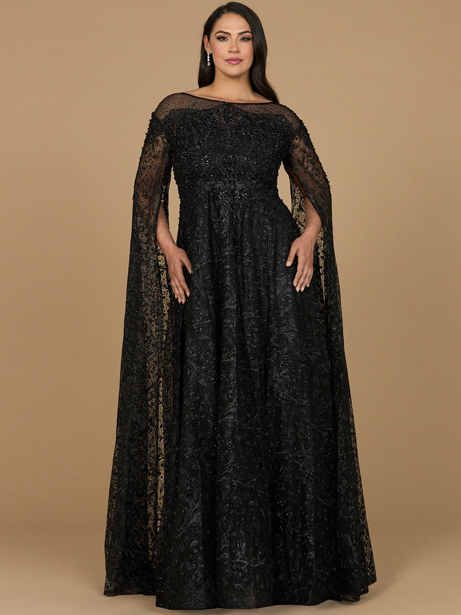 Lace Gown with Dramatic Cape Sleeves | Lara 29454 Black