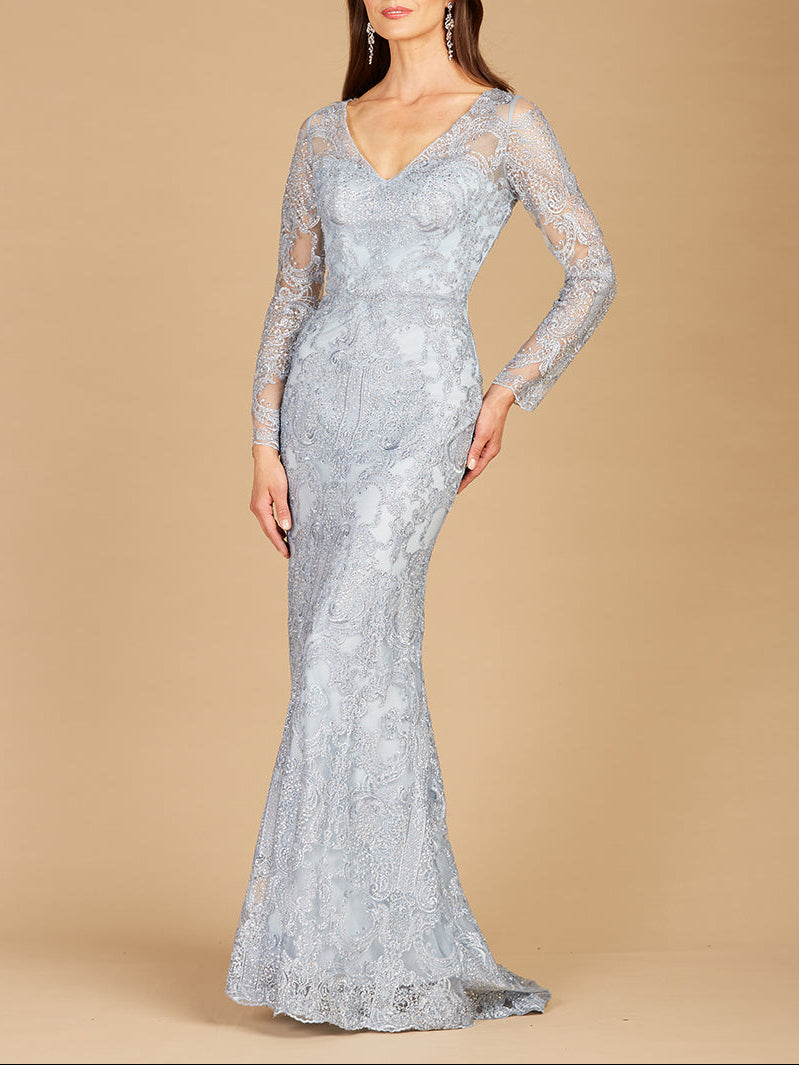 Long Sleeve Lace Mermaid Gown Light Blue