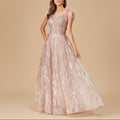 Lace ballgown with Feather Cap Sleeves Blush