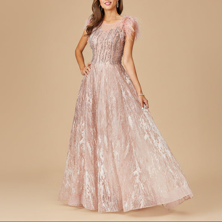 Lace ballgown with Feather Cap Sleeves Blush