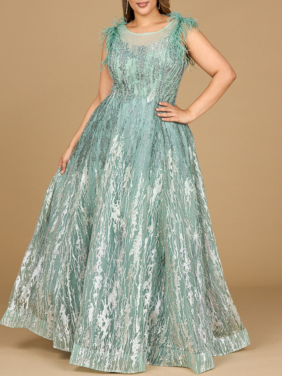 Lace ballgown with Feather Cap Sleeves Sage