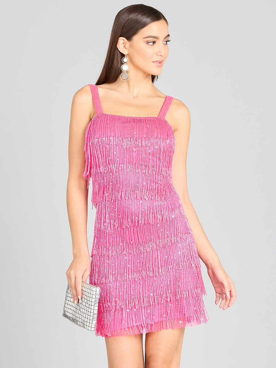 Lara 29488 - Beaded Fringe Cocktail Dress Hot Pink