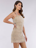 Lara 29488 - Beaded Fringe Cocktail Dress Nude Silver