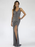 Lara 29528 - Thigh High Slit Beaded Gown Grey