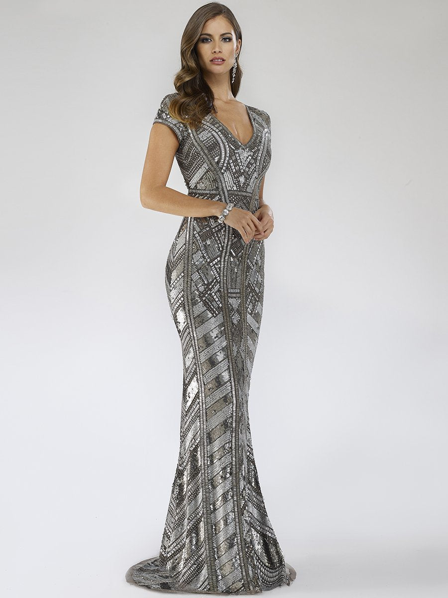 Lara 29540 - Body Con Beaded Silver Petite Dress Platinum