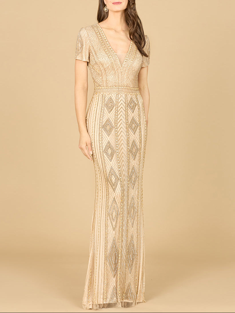 Lara 29606 - Closed Back, Cap Sleeve Dress Champagne