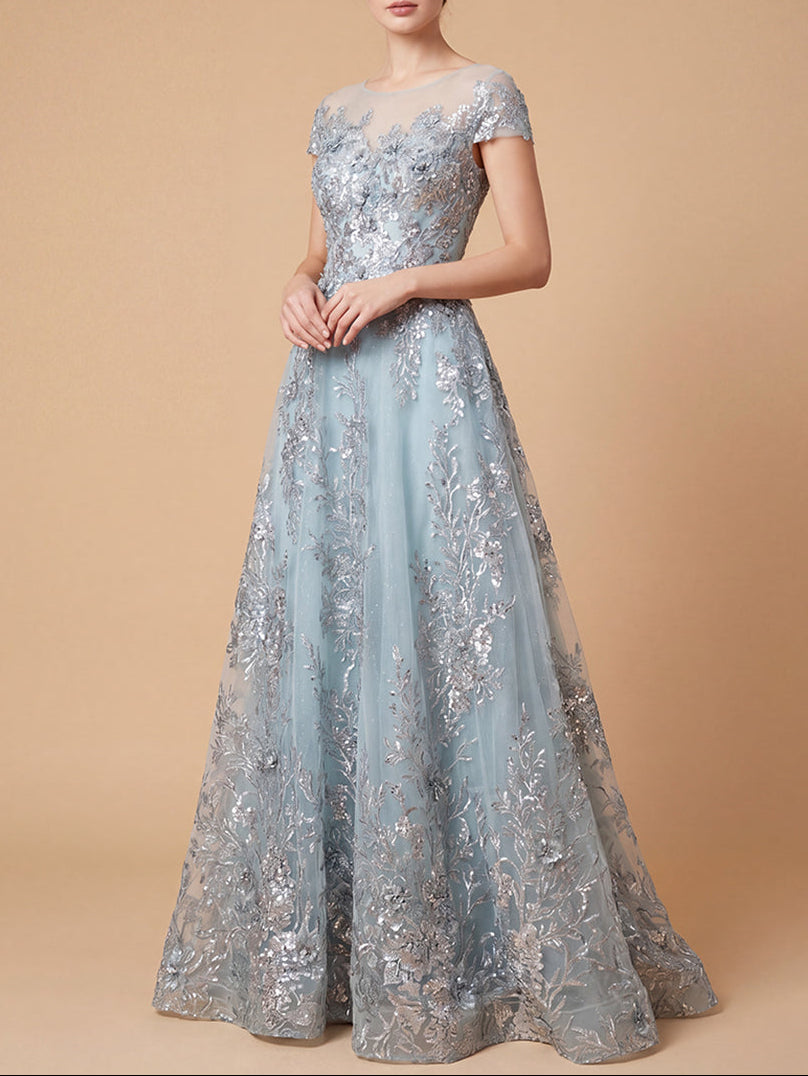 Beautiful Lace Applique A-line Ball Gown | Lara 29619 Dusty Blue