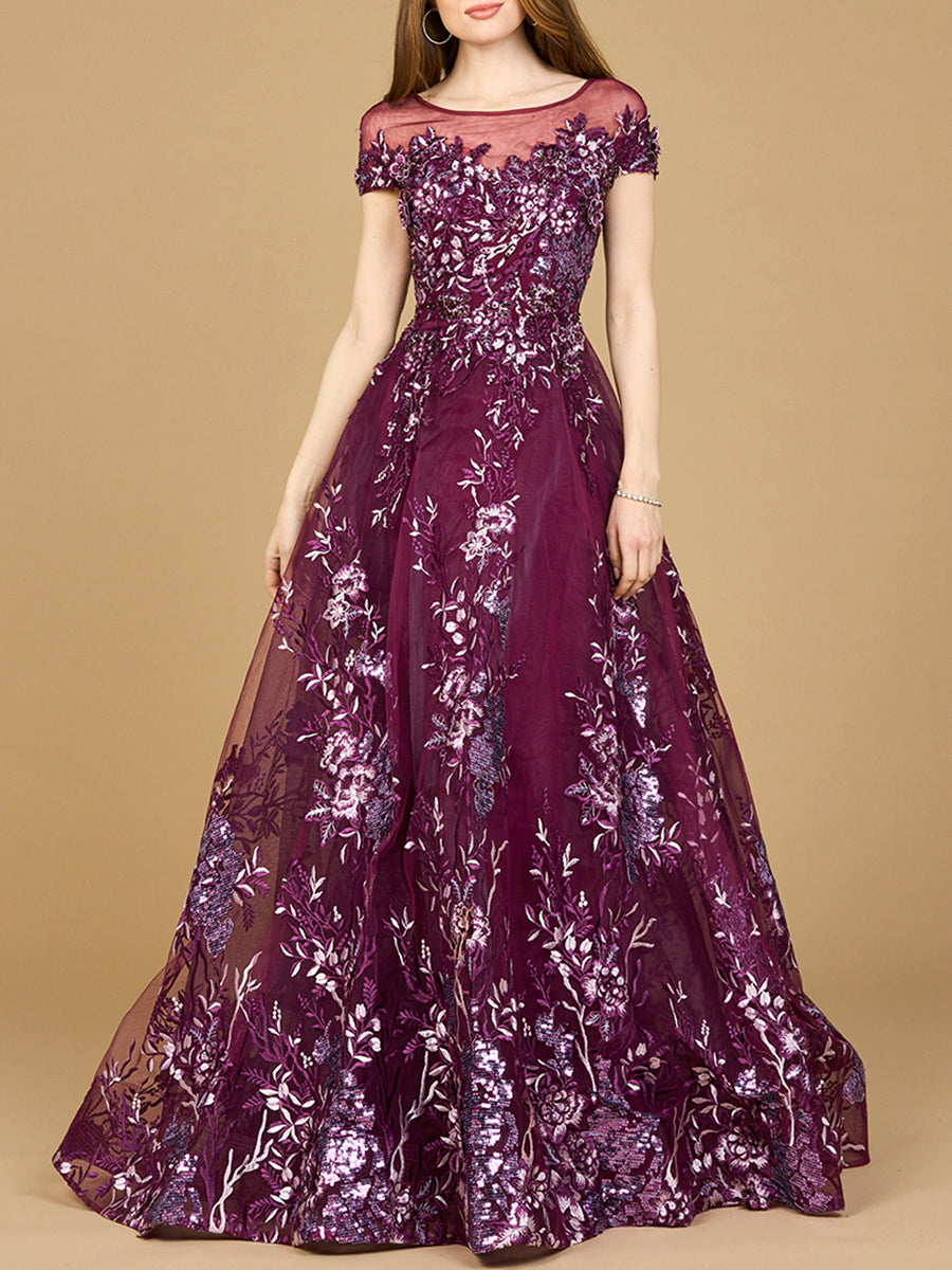 Beautiful Lace Applique A-line Ball Gown | Lara 29619 Eggplant