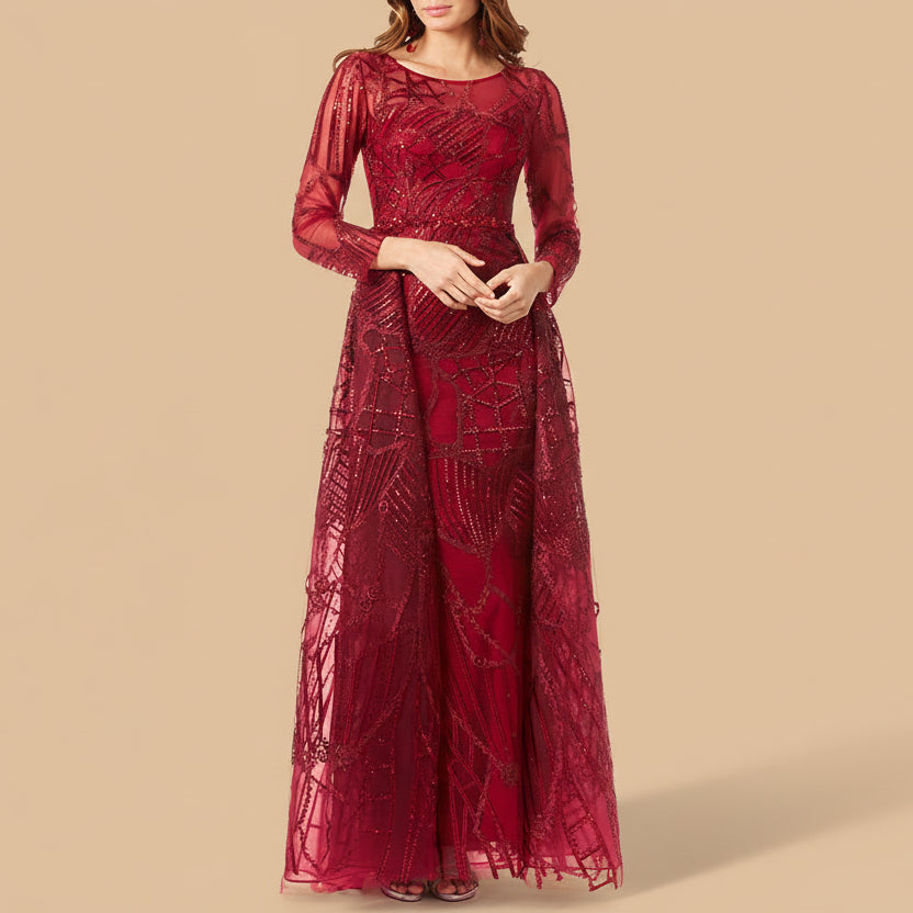 Lara 29633 - Gorgeous Overskirt Dress with Long Sleeves DarkRed