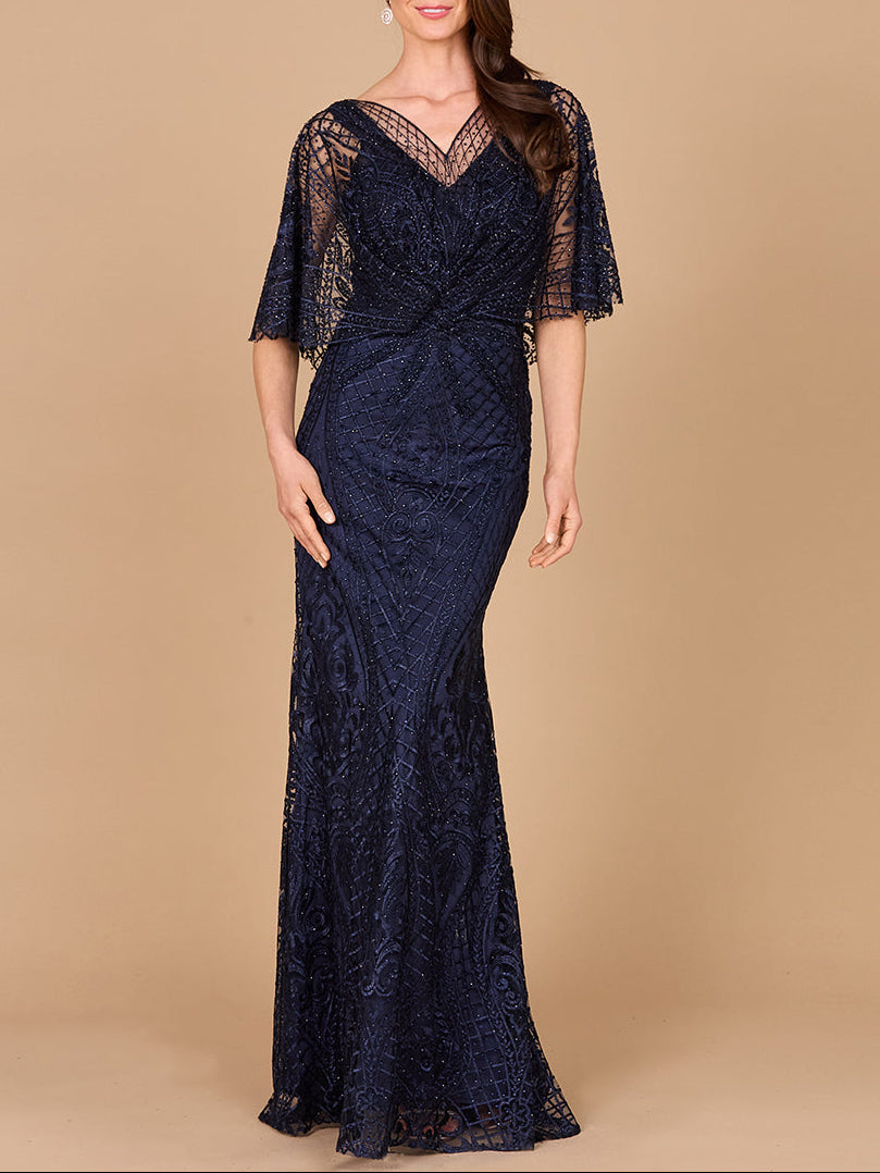Cape Sleeve Mermaid Gown | 29673 Navy
