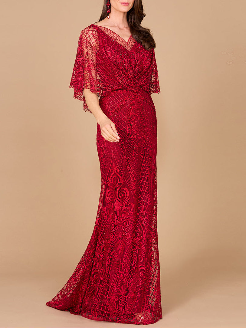 Cape Sleeve Mermaid Gown | 29673 Red
